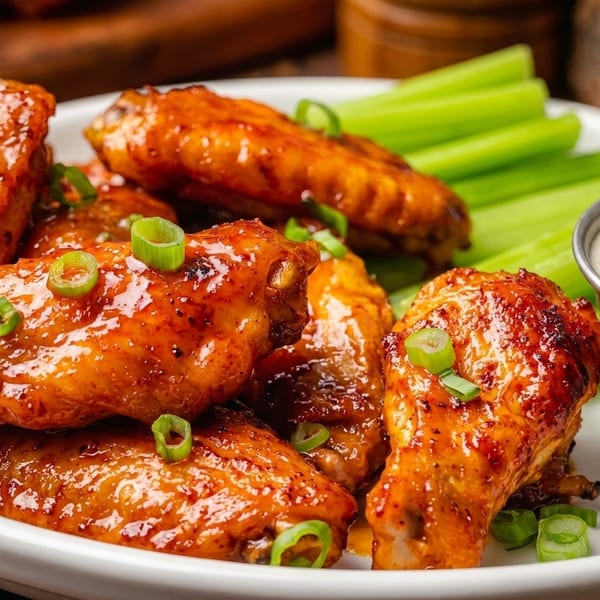 Glazed chicken wings with chopped green onions, celery sticks, and a side of ranch dressing.