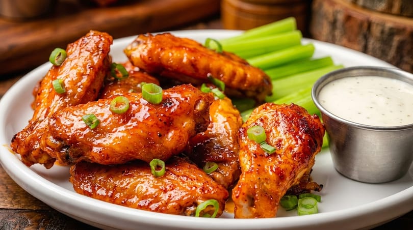 Glazed chicken wings with green onions, celery sticks, and a side of ranch dressing.
