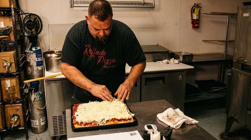 A chef in a Raffaele Pizza shirt tops a rectangular pizza with shredded cheese in a commercial kitchen.