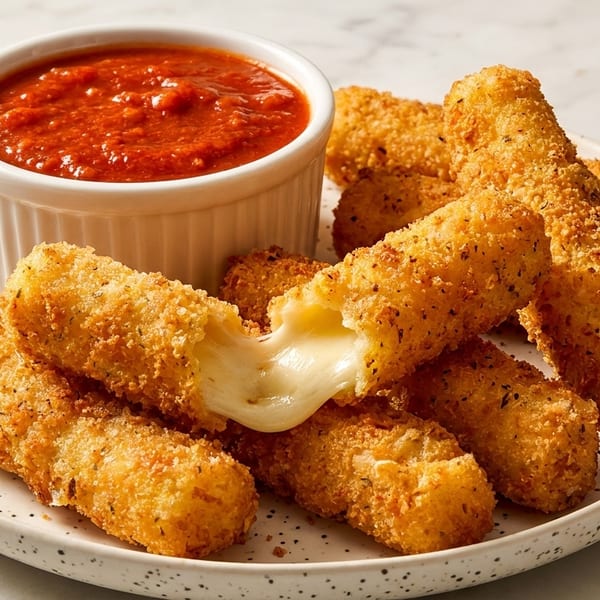 Golden-brown mozzarella sticks with a gooey cheese pull, served with a side of marinara sauce.