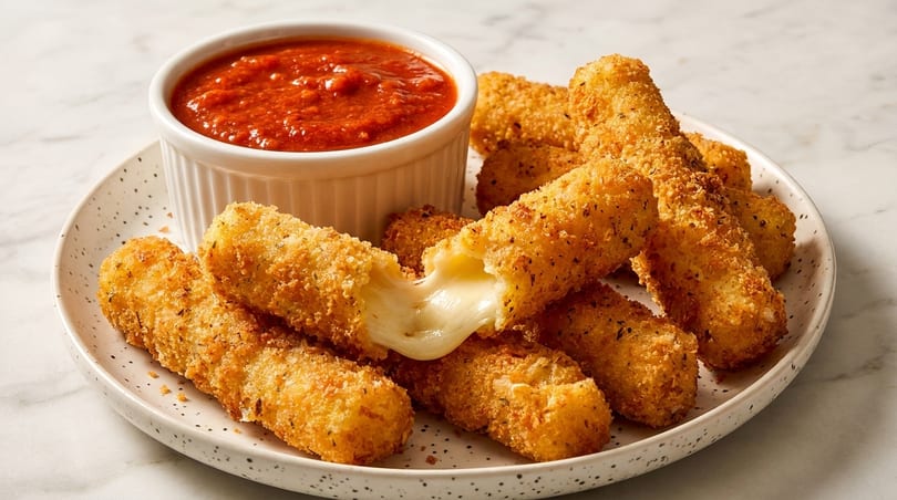 Golden-brown mozzarella sticks with a gooey cheese pull, served with a side of marinara sauce.