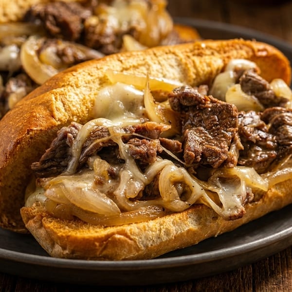 Two delicious Philly cheesesteak sandwiches with melted cheese and onions on a dark plate.