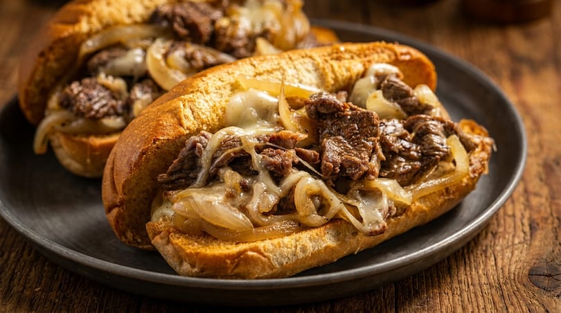 Two delicious Philly cheesesteak sandwiches with melted cheese and onions on a dark plate.