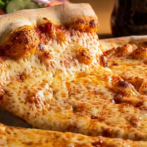 A slice of cheesy pizza being lifted from a whole pizza, with a side salad and drink.