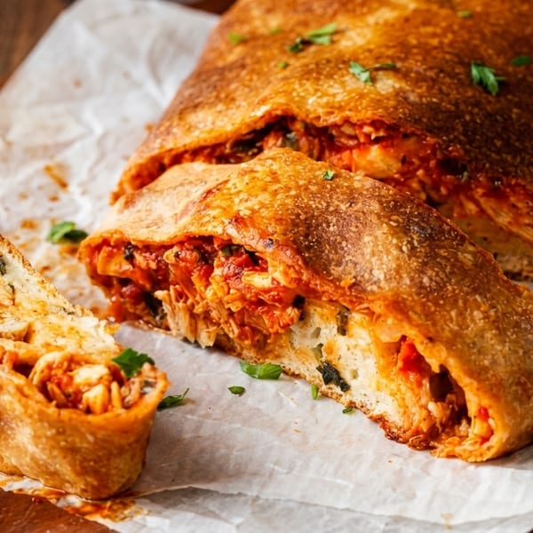Sliced stromboli with golden crust, revealing a savory filling of chicken, tomato sauce, and herbs.