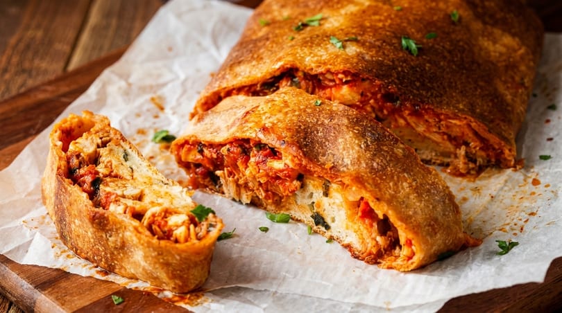 Sliced stromboli with golden crust, revealing a savory filling of chicken, tomato sauce, and herbs.
