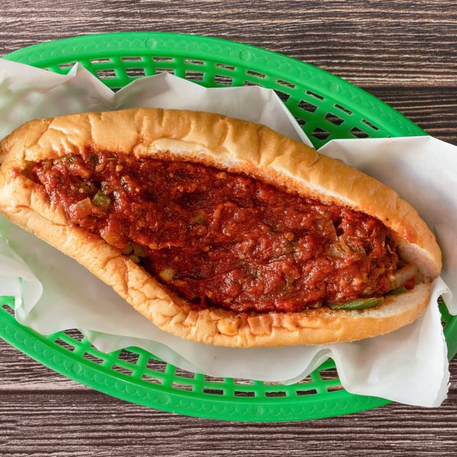 Mild or Hot Italian Sausage with Green Pepper and Onion Hot Sandwich.