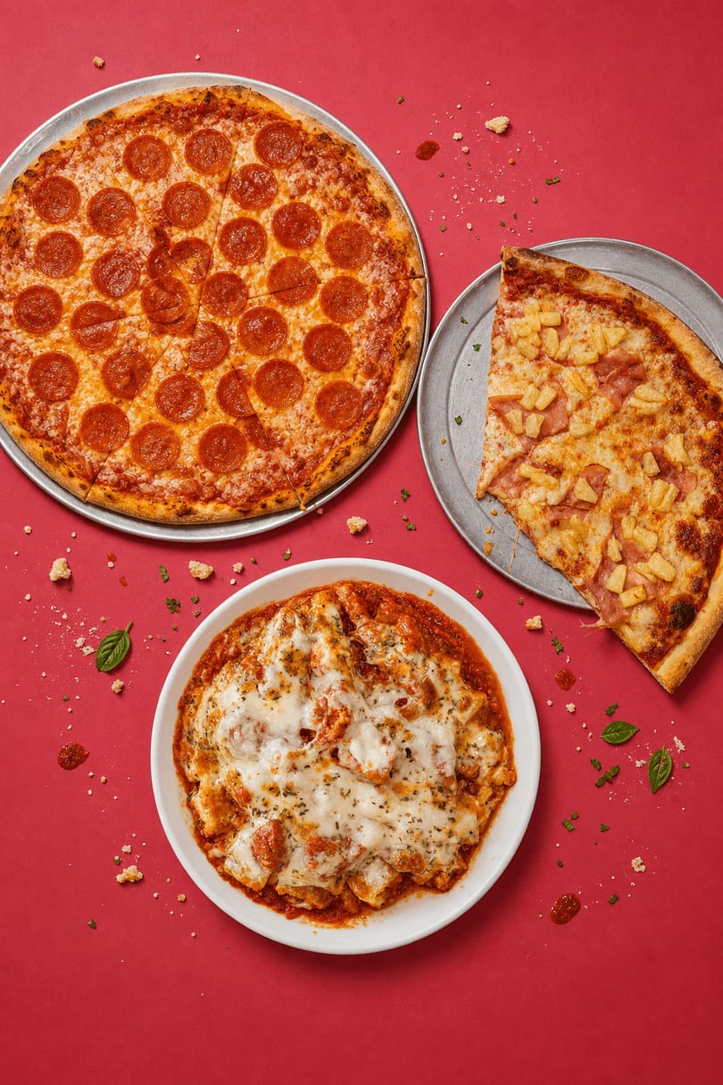 Fully loaded custom pizza with bubbling cheese fresh from the stone oven